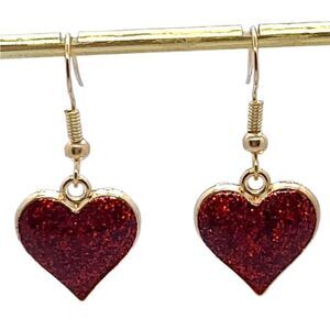 RED Glitter Heart Shaped Stud Earrings Valentine's Day Jewelry New Cute Sparkly